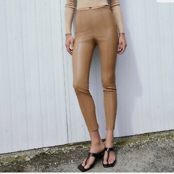 BLOGGERS FAVORITE Zara MidRise Camel Sold Out Faux Leather Leggings NWT - Picture 3 of 10